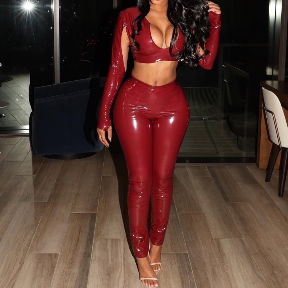 Burgundy Latex Crop Pants set